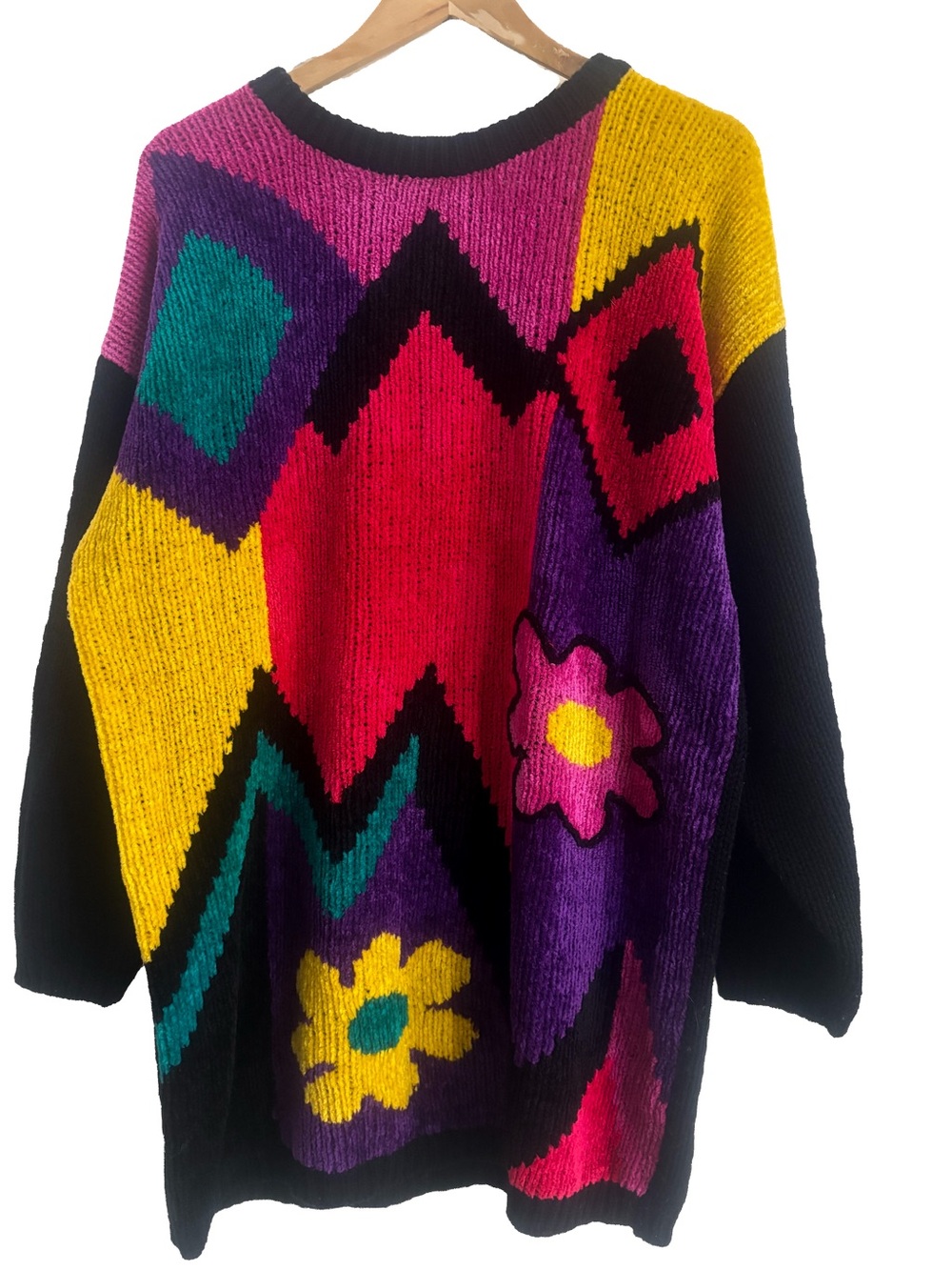 Colorblock 1980s Multicolor Bold Floral Graphic Knot Sweater Tunic Medium